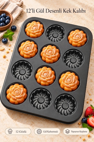 Tilbe Home 12'li Gül Kabartma Muffin Kalıbı Yapışmaz Cupcake Kek Kapsül Brownie Fırın Tepsisi Paslan Siyah