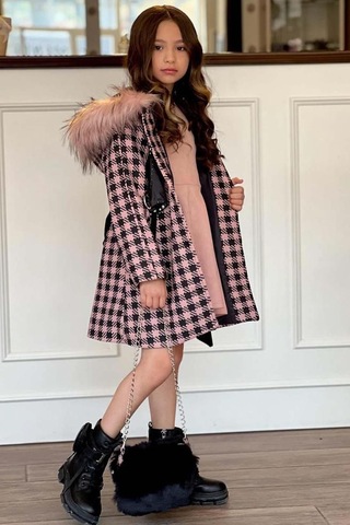 Riccotarz Kız Çocuk Kapüşonlu Peluş Detaylı Kare Desenli Pembe Kaban Pembe