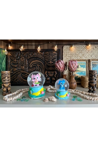 9cm-6cm Sarı Altlıklı Işıklı Mavi Renk Ve 11cm X7 Cm Pilli Pembe Işıklı Hediyelik-dekoratif 2 Li Stitch Kar Küresi 11x9