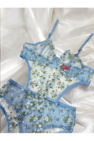 Arona Kadın Çiçek Desenli Transparan Vücuda Oturan Mavi Bodysuit - 123 Mavi