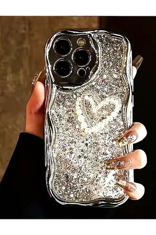 Caş Dekorasyon Gri Renk Simli Kalpli 13 Pro Max Telefon Kılıfı Gri