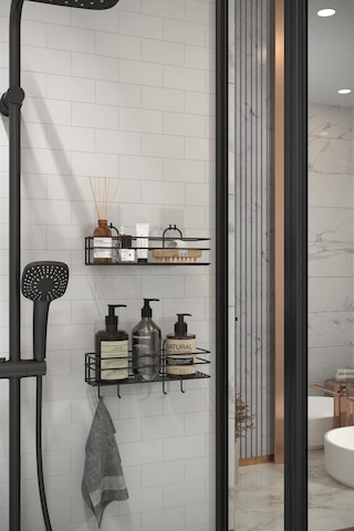 2li Set Siyah Şampuanlık Banyo Düzenleyici Yapışkanlı 4 Askılı Duş Rafı Organizer Siyah