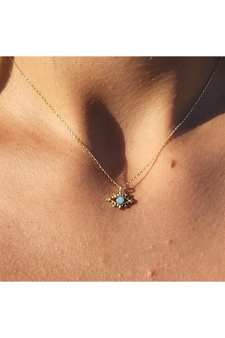 Tasarım Kirpik Nazar Boncuğu Firuze Mineli Göz Tasarım Stil Modern 14 Ayar Altın Kolye- Altın Kolye