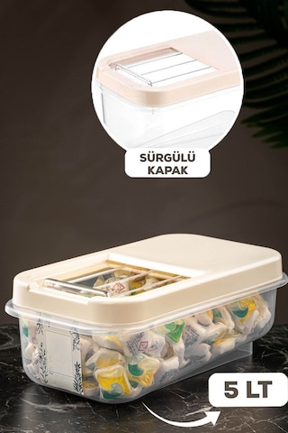 Saklama Kabı 7.5 Litre Kaydırak Kapaklı Krem Erzak Kabı Bakliyat Saklama Kabı Krem
