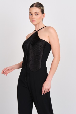 Explosion Kadın Püskül Detaylı Boyundan Bağlamalı Abiye Tulum 2283 Siyah Siyah