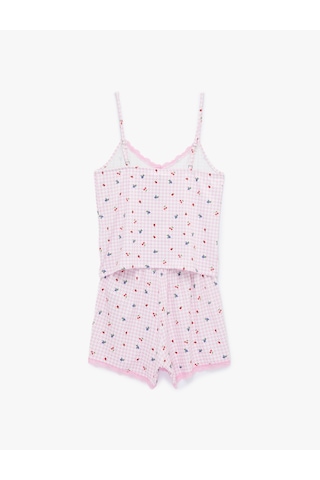 Koton Dantel Detaylı V Yaka Askılı Şortlu 2'li Pijama Takımı Pembe Ekose 6slk40168mk