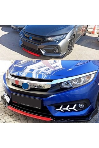 Üniversal Lip Honda Civic FC5 Tip Kırmızı Detaylı Ön Tampon Eki Kanatlı Lip 4 Parça