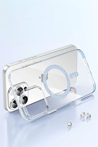 Apple iPhone Uyumlu 15 Pro Move Taşlı Magsafe Kapak - Siyah