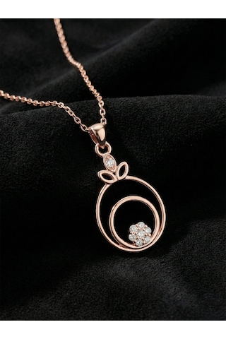 925 Ayar Zirkon Taşlı Rose Çiçekli Halka Gümüş Kolye Gümüş - Rodyum