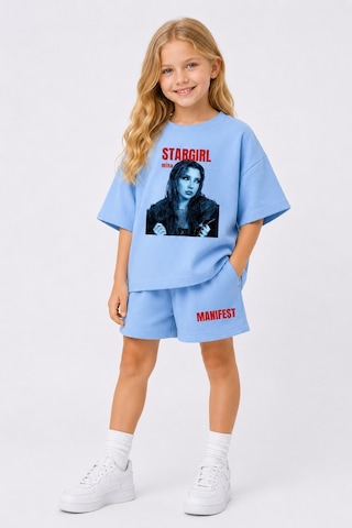 Fasardi Manifest Girls Mina Baskılı Oversize %100 Pamuk Tişört Şort 2li Çocuk Takım Mavi
