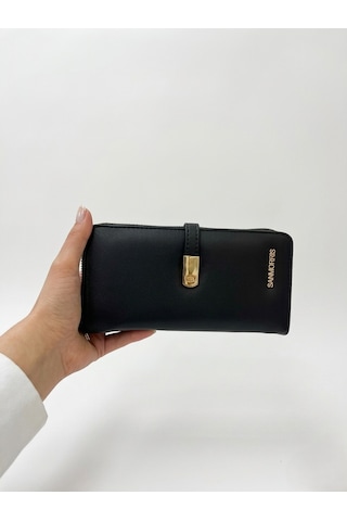 Sanmorris Kadın Suni Deri Gold Tokalı Telefon Bölmeli Cüzdan Siyah