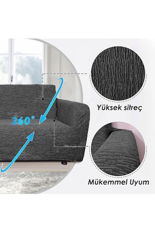 StarMall Jakarlı Çubuk Desen Koltuk Örtüsü Koltuk Kılıfı Lastikli Esnek Yıkanabilir 3Lü Bir Adet Antrasit