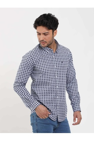 Dufy Lacivert Erkek Slim Fit Puantiyeli Brent Düğmeli Yaka Uzun Kol Gömlek - 104349-lacivert Lacivert