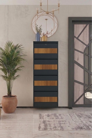 4 Kapaklı Metal Ayakkabılık Kilitli Beyaz Ahşap Desen