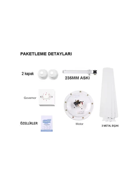 Minofell Tavan Tip Üç Kanatlı Vantilatör 5 Hız Kademesi, 3 Metal Kanat Ev,ofis, Işyeri
