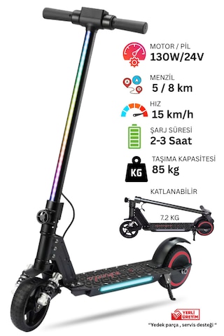 Elektrikli Çocuk Scooter - Çift Frenli Katlanabilir - Led Işıklı - Ön Çift Süspansiyonlu 8+ Siyah