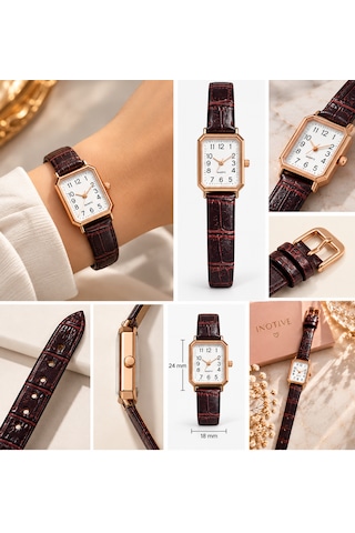 Kadın Kol Saati Rose Gold Kasa, Deri Kordon Kahverengi - Rose Gold