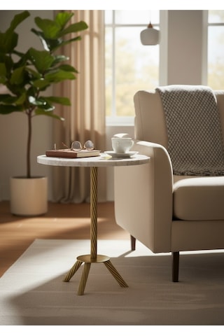 Yan Sehpa Gold Metal Burgu Ayaklı 40 Cm Çap 53 Cm Yükseklik Mermer Desenli Mdf Sehpa Diğer