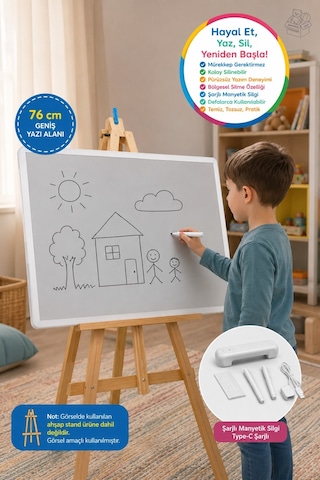 Manyetik Sihirli Yazı Tahtası Silinebilir Eğitim Çizim Yazı Panosu Type-c Şarjlı 76 Cm Beyaz