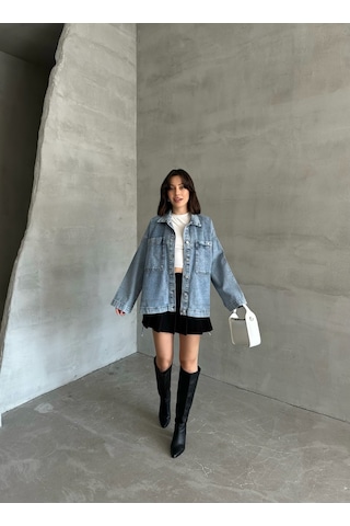 Esra Butik78 Açık Mavi Yıkamalı Oversize Kot Ceket Çift Cepli Salaş Denim Ceket