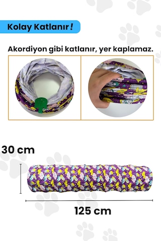 Miyav Mor Renkli ve Desenli Katlanabilir Uzun Kedi Tüneli 125 CM