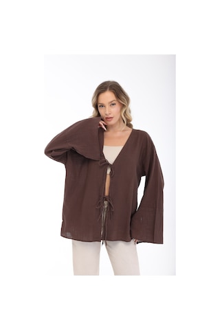 Blayn Jeans Blayn Kadın Keten Kimono Oversize Rahat Kalıp Yazlık Uzun Kollu Kimono Kahverengi