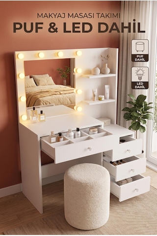 Robin Home Hollywood Led Işıklı Puflu Makyaj Masası Takımı 4 Çekmeceli Düzenleyici Raflı Beyaz