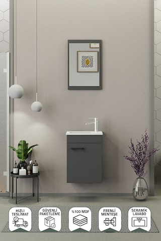 Biani Fix Arya Mini 42 Cm Banyo Dolabı,Seramik Lavabolu, Aynalı,Lavabo Dahil,Mdf,Mat Gri