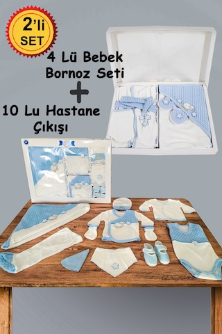 10 Parça Mavi Kuzu Hastane Çıkışı Ve 4 Parça Bebek Bornoz Seti Mavi