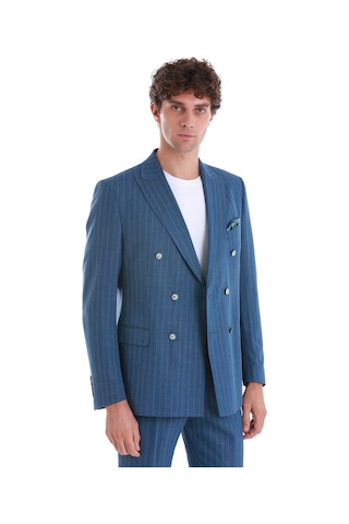 Hatemoğlu Mavi Slim Fit Çizgili Kruvaze Takım Elbise 33223024c014 65 Mavi