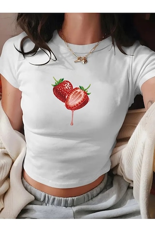 Nevermind Kadın Crop Baby Tee Çilek Baskılı Dar Kesim %100 Pamuk Y2k Estetik Tişört Beyaz