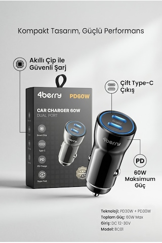 Bc01 Pd60w Dual Port Type-c Araç Şarj Cihazı 60w Max Süper Hızlı Şarj Adaptörü