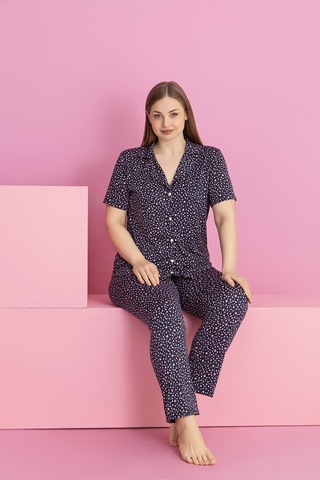 Rindahomewear Büyük Beden Minik Yıldız Desen Milan Düğmeli Pijama Takımı Lacivert1