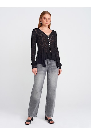 Dilvin 60433 Düğmeli Peplum Dantel Hırka-siyah Siyah