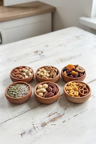Atbyhome 6 Parça Doğal Kayın Ağacı Ahşap Çerezlik Kaseler - 10 Cm Kahvaltılık Ve Mezze Sosluk Seti Bambu