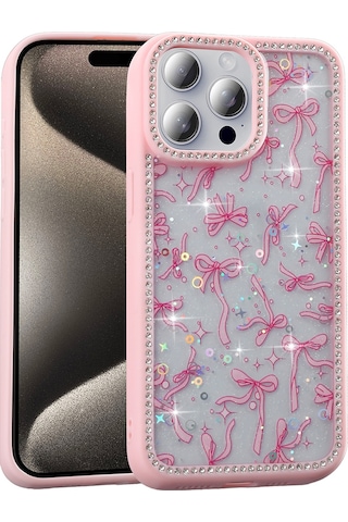 Apple Uyumlu iPhone 15 Pro Kılıf Taşlı Ve Simli Tasarım Zore Azra Kapak Pembe