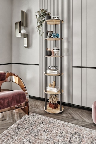 6 Katlı Dekoratif Yuvarlak Kitaplık Meşe Meşe