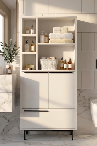 Yurudesign Ocean Banyo Dolabı Çok Amaçlı Dolap 3 Kapaklı Metal Ayaklı Beyaz On9C-W Beyaz