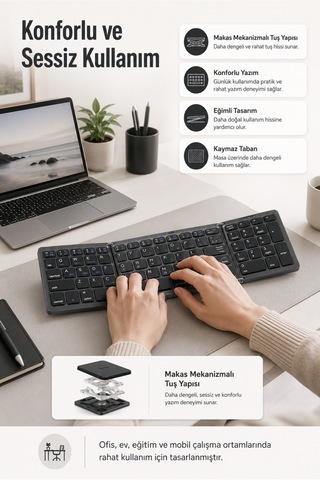 Siyah Katlanabilir Bluetooth Klavye 81 Tuşlu Sayısal Tuş Takımlı Şarjlı Kablosuz Klavye Tablet Telefon Ve Laptop Uyumlu. Siyah