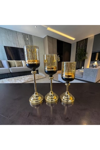 Noir Gold Şamdan Mumluk Seti Siyah & Altın Modern 3 Lü Lüks Masa Üstü Dekoratif Aksesuar Altın