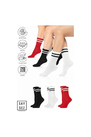 Saysez Bambu Unisex Tenis Kolej Çizgili Siyah-beyaz-kırmızı Premium Dikişsiz Soket Çorap 3'lü Paket Siyah