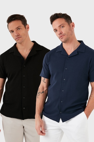 Buratti Pamuklu Regular Fit Kısa Kollu 2'Li Paket Erkek Gömlek 5902640S2 Siyah-Indigo