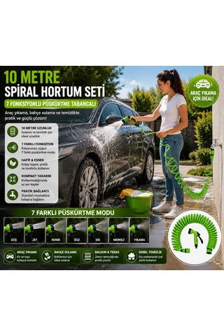 10 Metre Spiral Bahçe Hortumu Seti 7 Fonksiyonlu Püskürtme Tabancalı Sulama Ve Temizlik Seti Yeşil