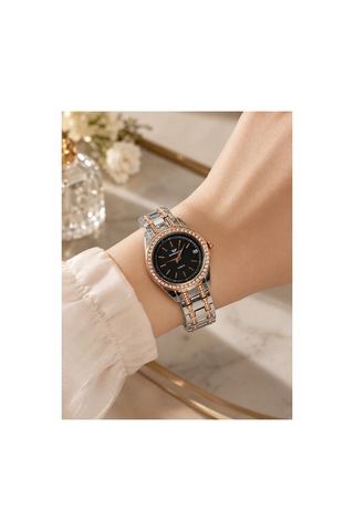 Çift Sıra Taşlı Kadın Kol Saati Takvimli Rosegold - 916381880 Rose Gold