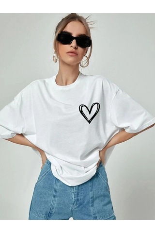 Primemagazam Kadın Tişört Bisiklet Yaka Baskılı Oversize T-shirt - Beyaz Çeşitli