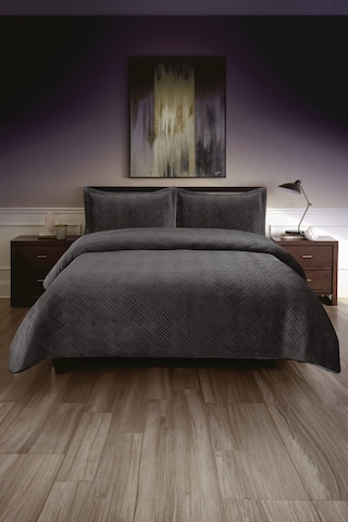 Silva Kadife Çift Kişilik Yatak Örtüsü Takımı - Antrasit