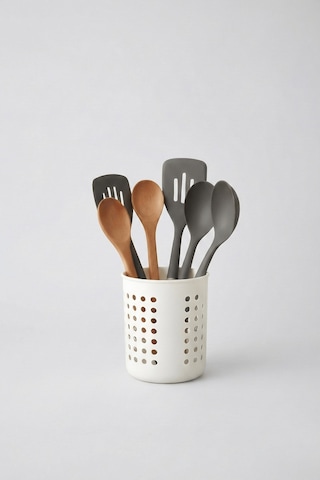 Beyaz - A+ Silindir Kaşıklık Tezgah Üstü Servis Standı, Su Gider Delikli, Plastik Düzenleyici Organizer Beyaz