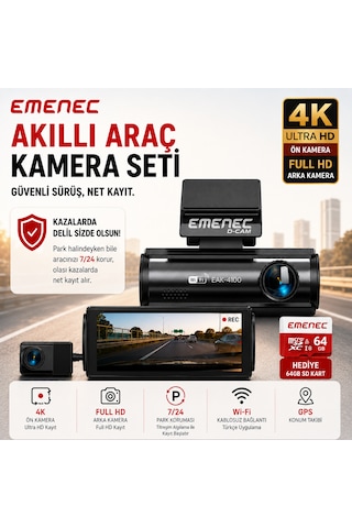 Emenec Eak-4100 4k Ultra Hd Akıllı Çift Araç İçi Kameras Seti - Türkçe Menü Ve Uygulama, Gps, Wi-fi, Park Modu + 64gb Kart