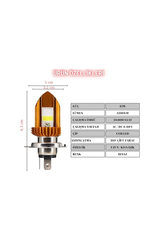 H4 Motosiklet Led Far Ampul 12-24v Beyaz 1 Adet 12w 1200lm Metal Gövde Soğutma