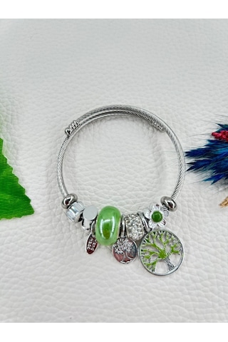 Bhs Life Kadın Charmlı Yeşil Renk Kristal Taşlı Hayat Ağacı Çelik Bileklik Sarı